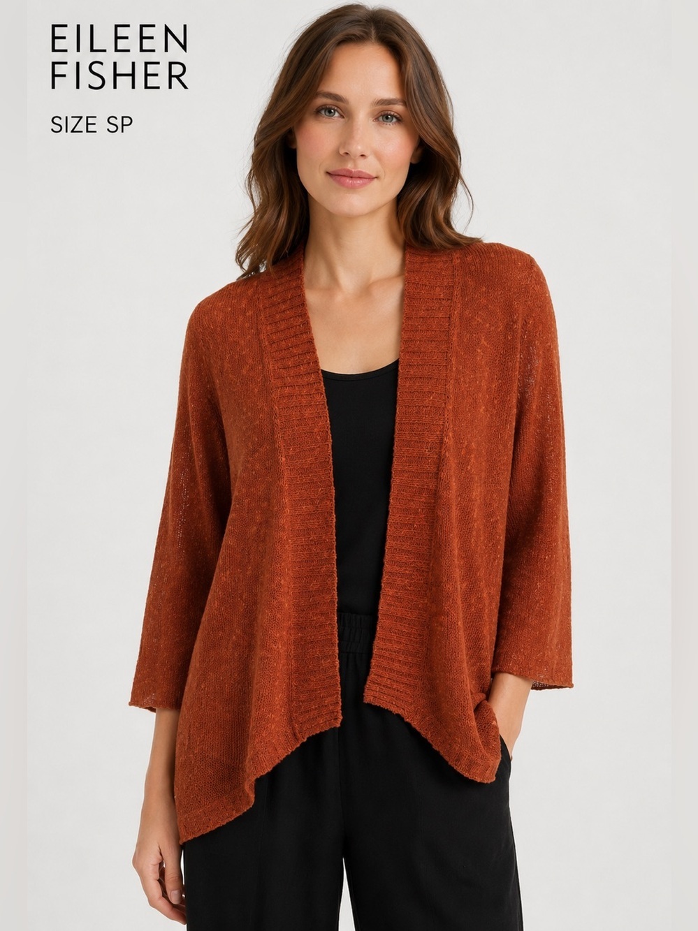 Eileen Fisher Rust Open Front Cardigan Sweater Size SP Lightweight Knit